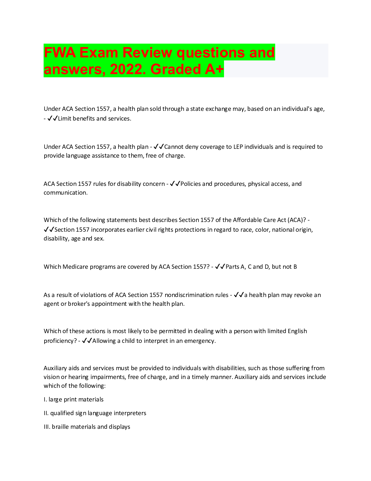 Preview image for FWA Exam Review questions and answers, 2022. Graded A+